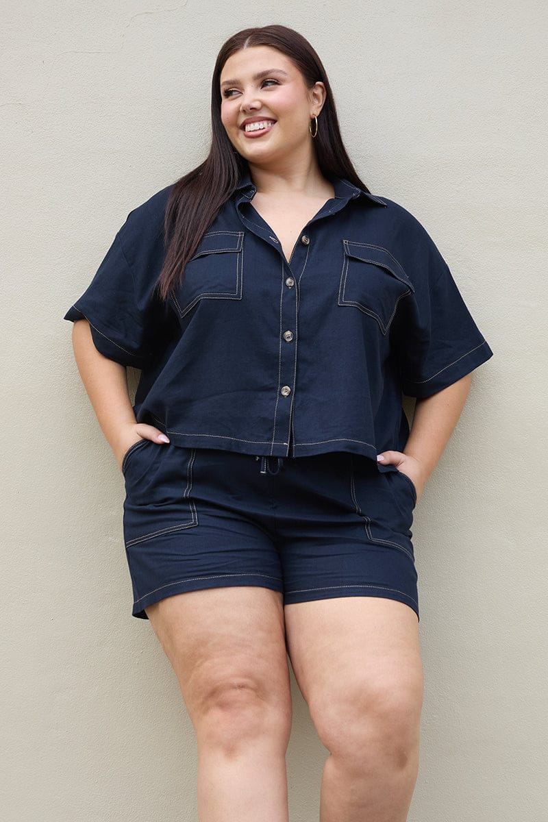 Blue Cropped Shirt Short Sleeve Contrast Stitch for YouandAll Fashion