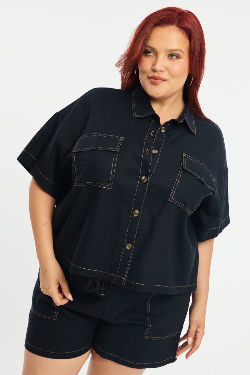 Blue Cropped Shirt Short Sleeve Contrast Stitch for YouandAll Fashion