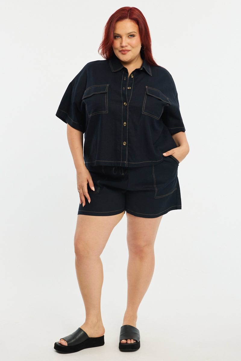 Blue Cropped Shirt Short Sleeve Contrast Stitch for YouandAll Fashion