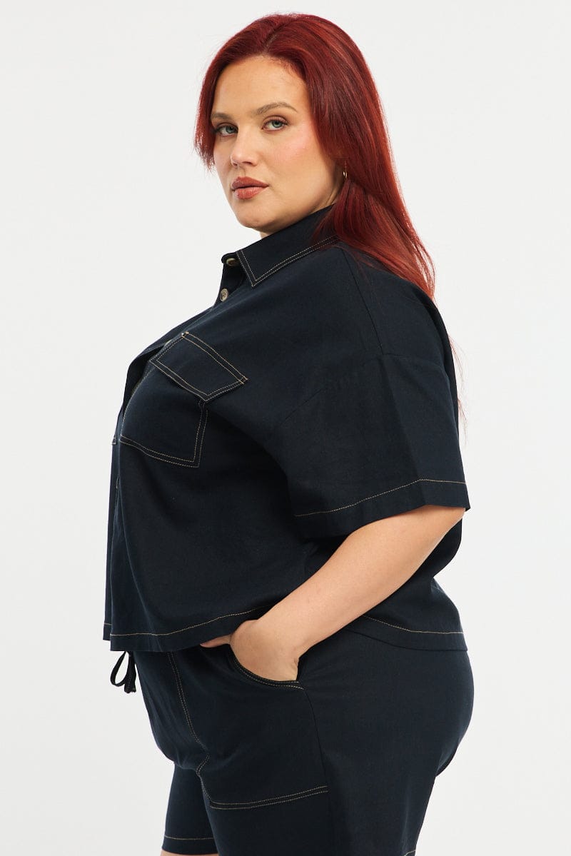 Blue Cropped Shirt Short Sleeve Contrast Stitch for YouandAll Fashion