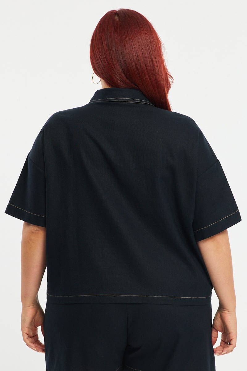 Blue Cropped Shirt Short Sleeve Contrast Stitch for YouandAll Fashion
