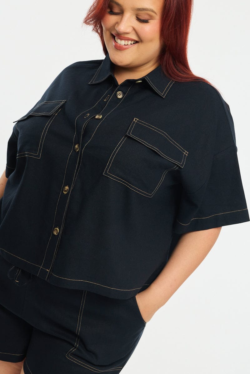 Blue Cropped Shirt Short Sleeve Contrast Stitch for YouandAll Fashion