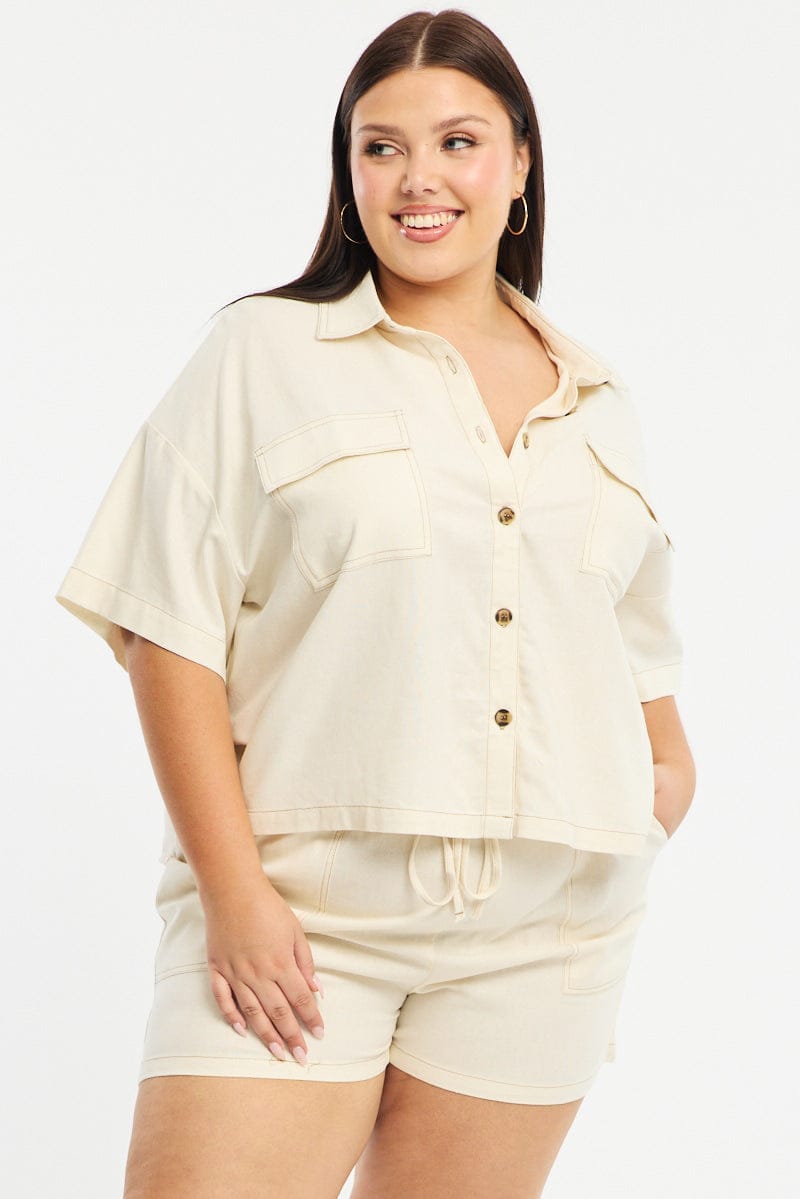 White Cropped Shirt Short Sleeve Contrast Stitch for YouandAll Fashion