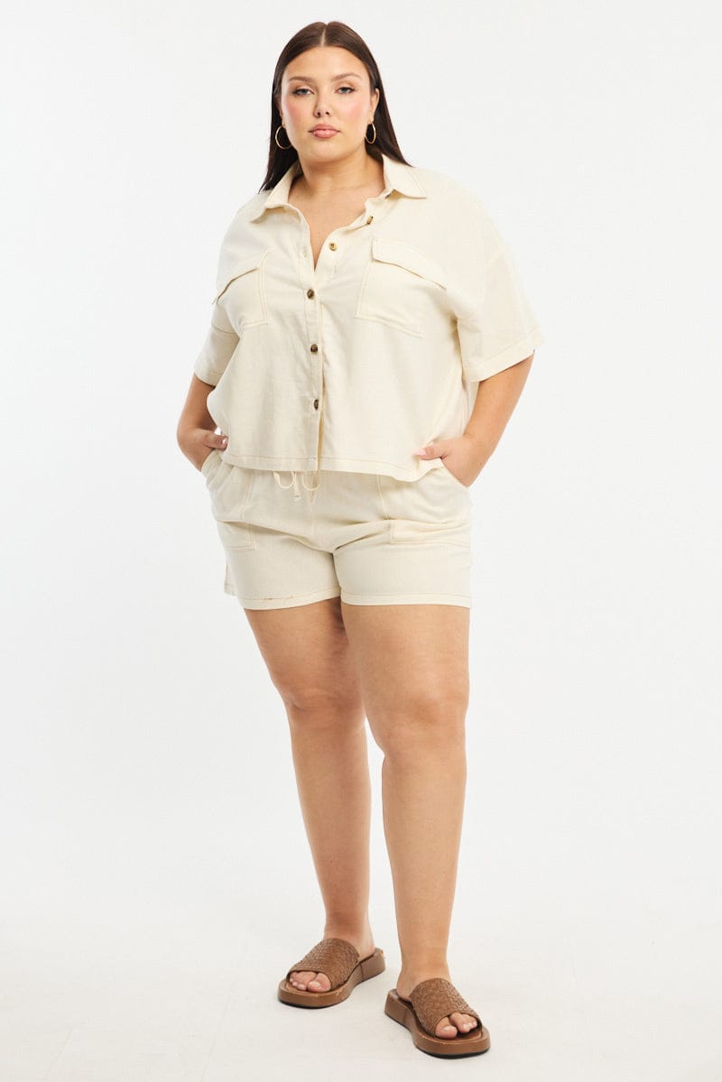 White Cropped Shirt Short Sleeve Contrast Stitch for YouandAll Fashion