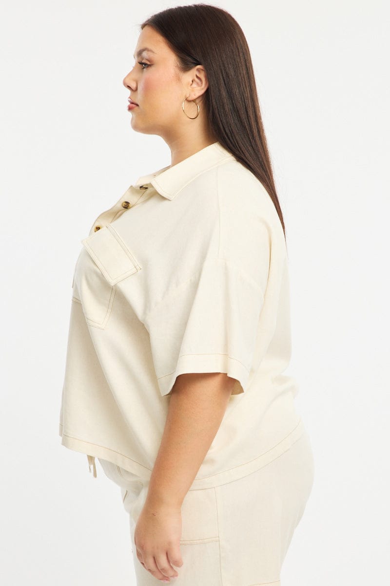 White Cropped Shirt Short Sleeve Contrast Stitch for YouandAll Fashion