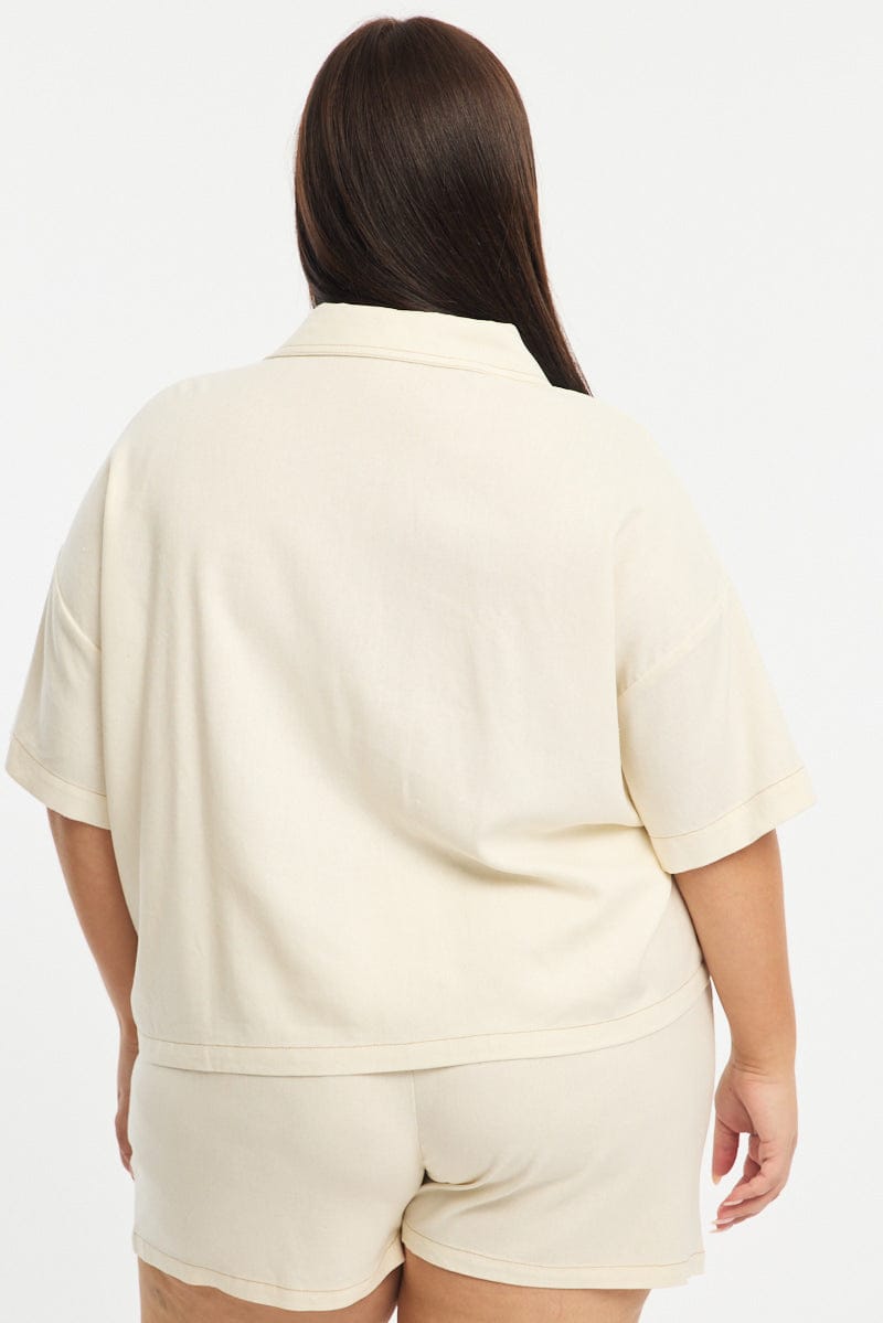 White Cropped Shirt Short Sleeve Contrast Stitch for YouandAll Fashion