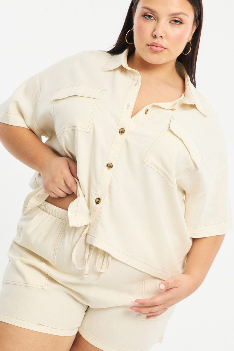White Cropped Shirt Short Sleeve Contrast Stitch for YouandAll Fashion
