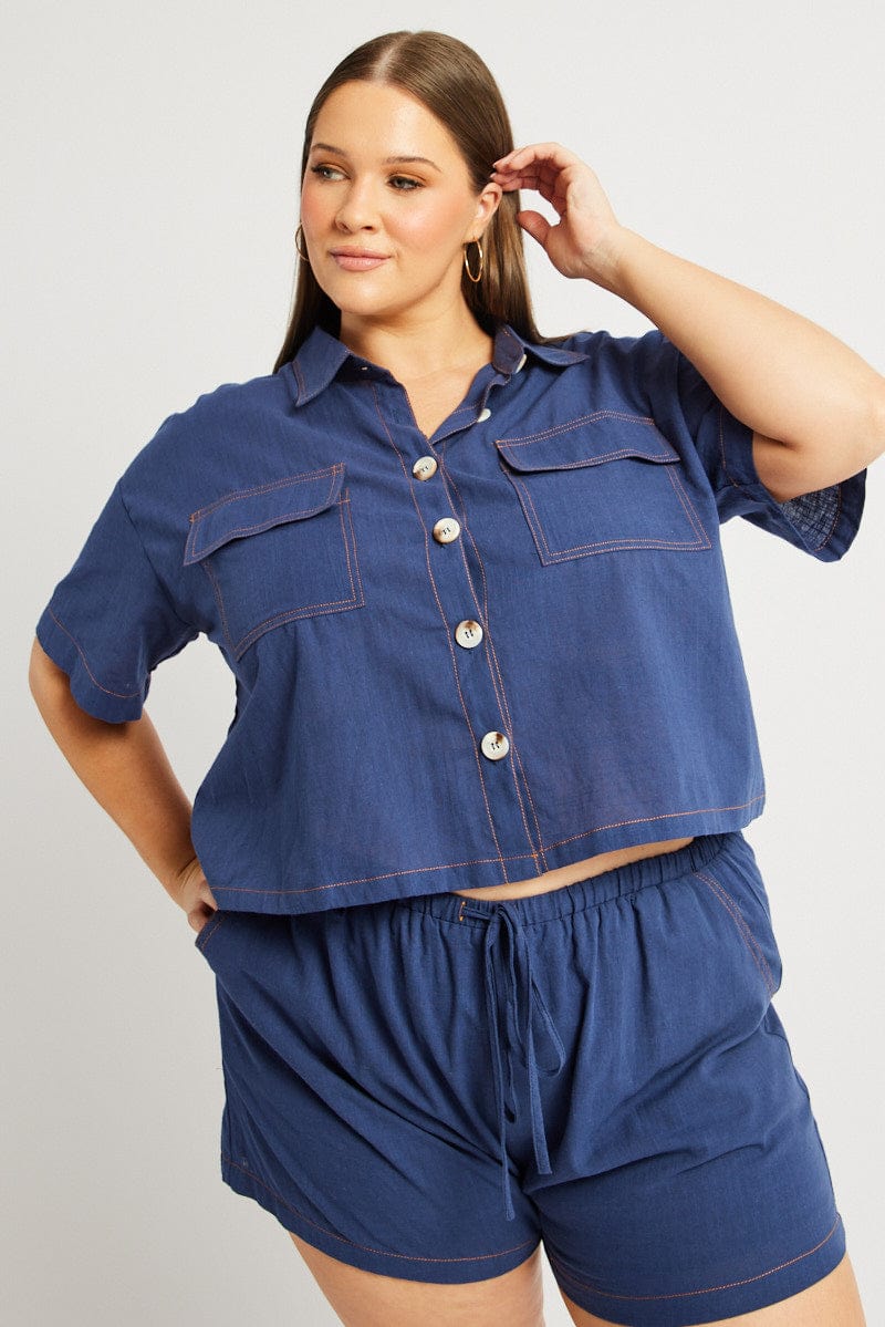 Blue Relaxed Shirt Short Sleeve Contrast Stitch for YouandAll Fashion