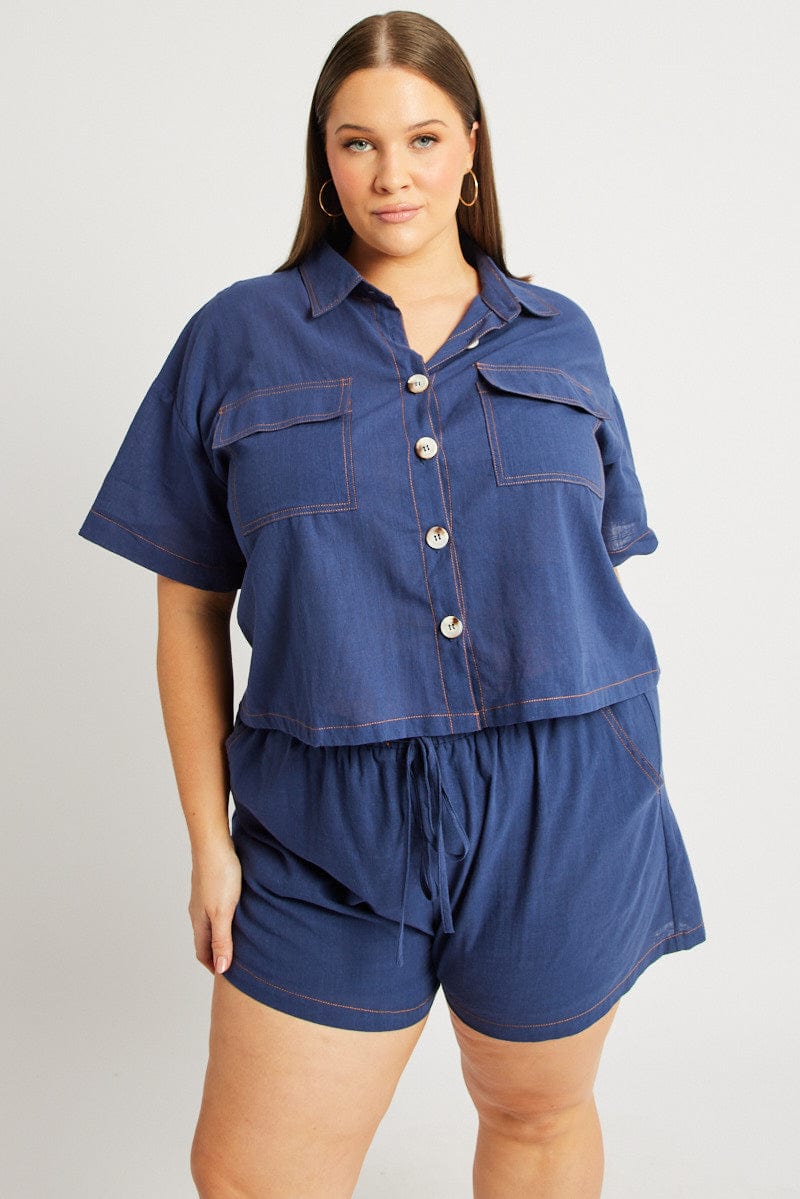 Blue Relaxed Shirt Short Sleeve Contrast Stitch for YouandAll Fashion