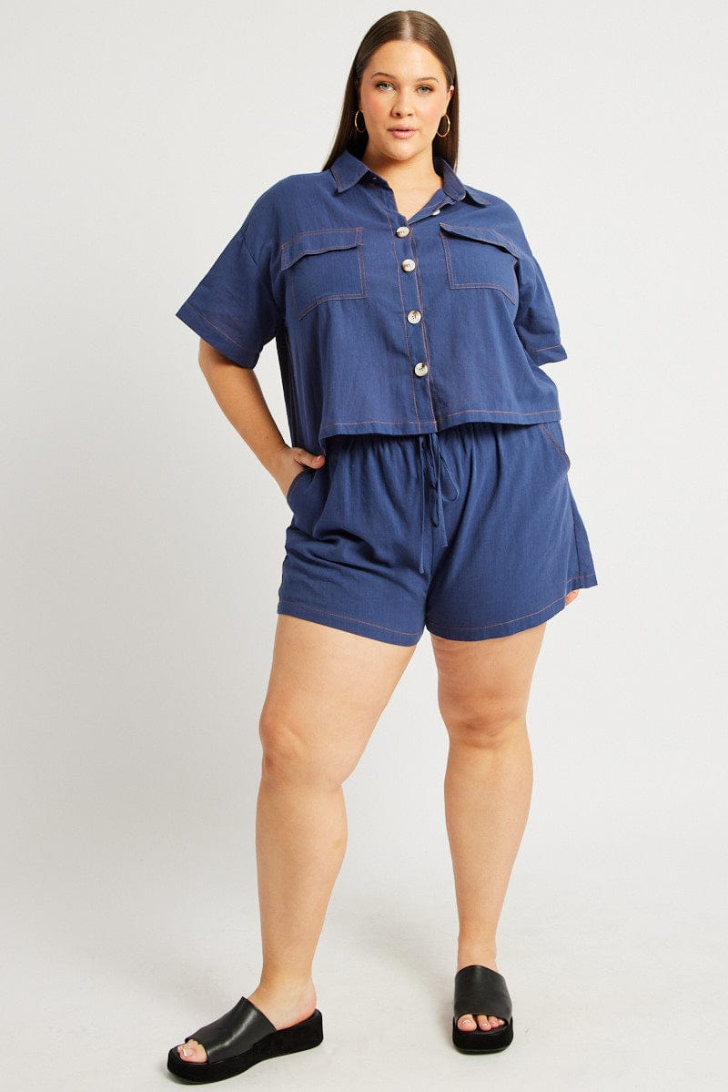 Blue Relaxed Shirt Short Sleeve Contrast Stitch for YouandAll Fashion