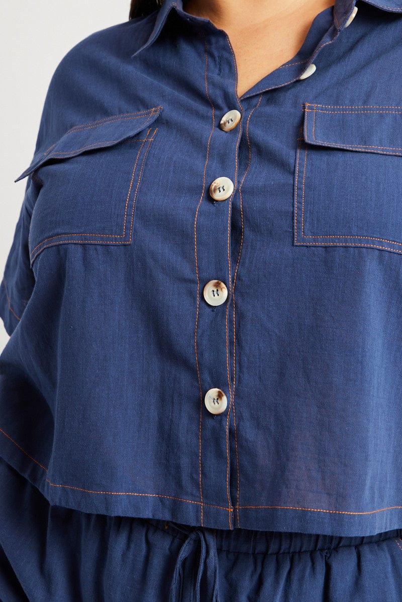 Blue Relaxed Shirt Short Sleeve Contrast Stitch for YouandAll Fashion