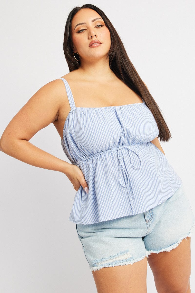 Blue Stripe Cami Top Sleeveless Stripe Front Tie for YouandAll Fashion