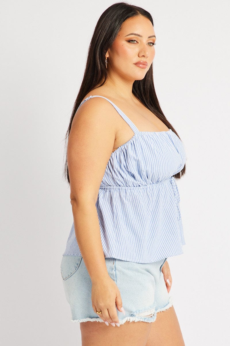 Blue Stripe Cami Top Sleeveless Stripe Front Tie for YouandAll Fashion