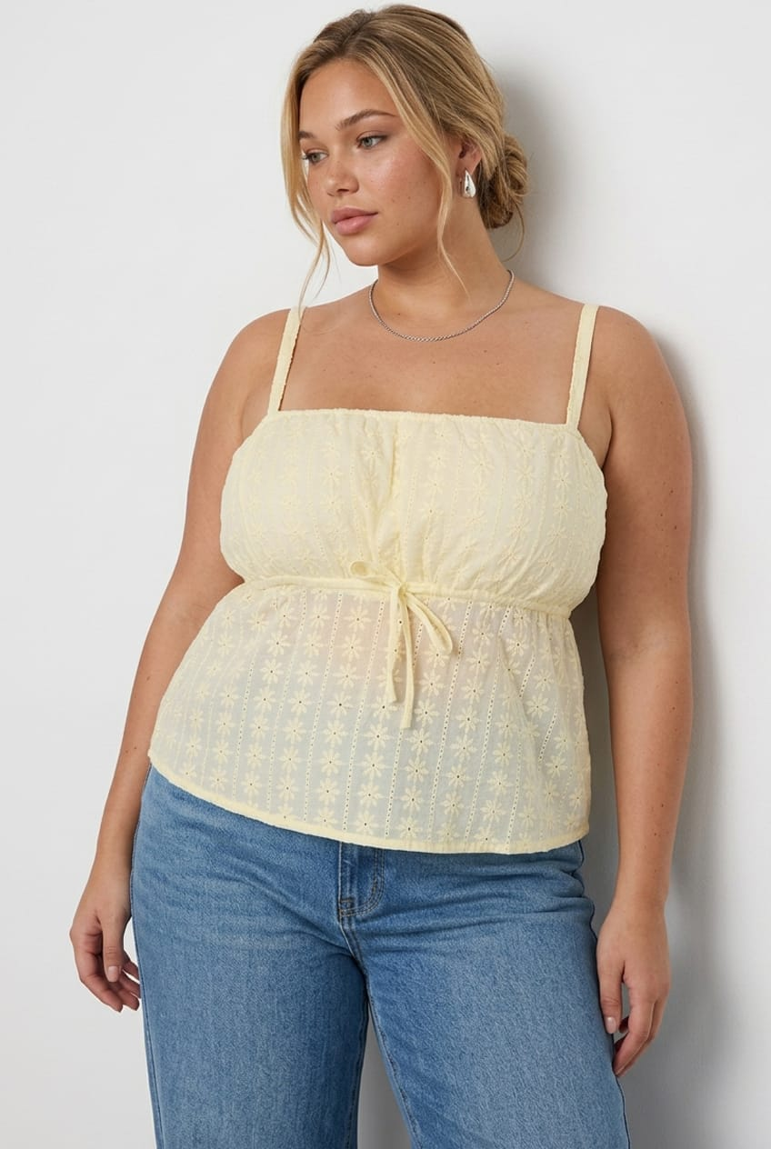 Yellow Cami Top Sleeveless Babydoll Broidery Eyelet for YouandAll Fashion