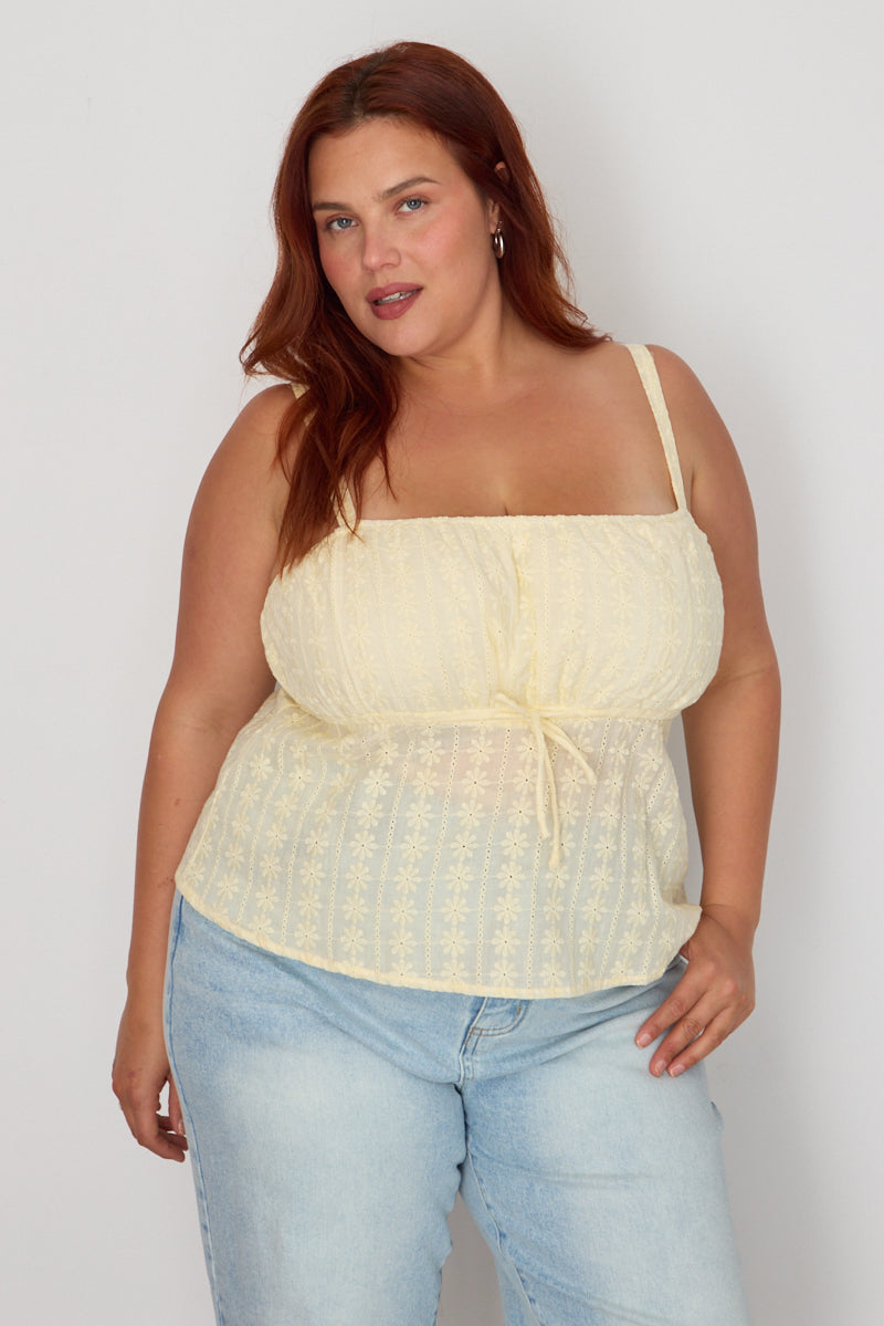 Yellow Cami Top Sleeveless Babydoll Broidery Eyelet for YouandAll Fashion