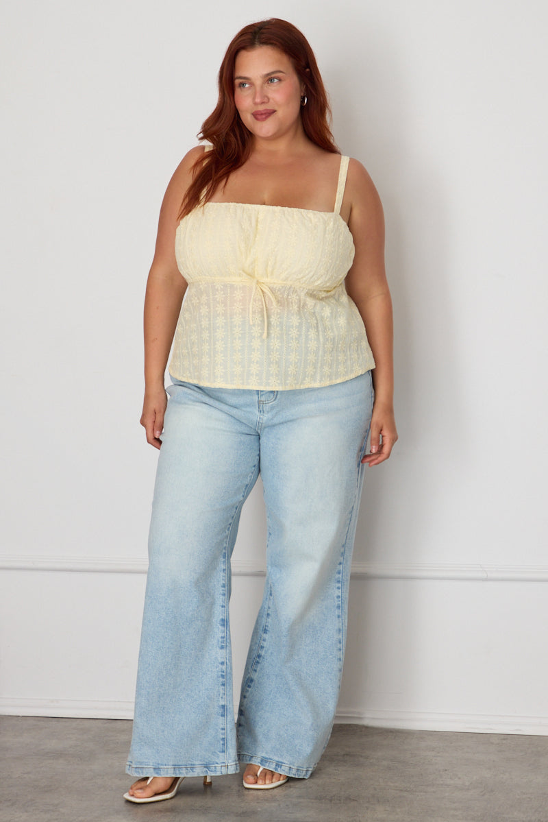 Yellow Cami Top Sleeveless Babydoll Broidery Eyelet for YouandAll Fashion