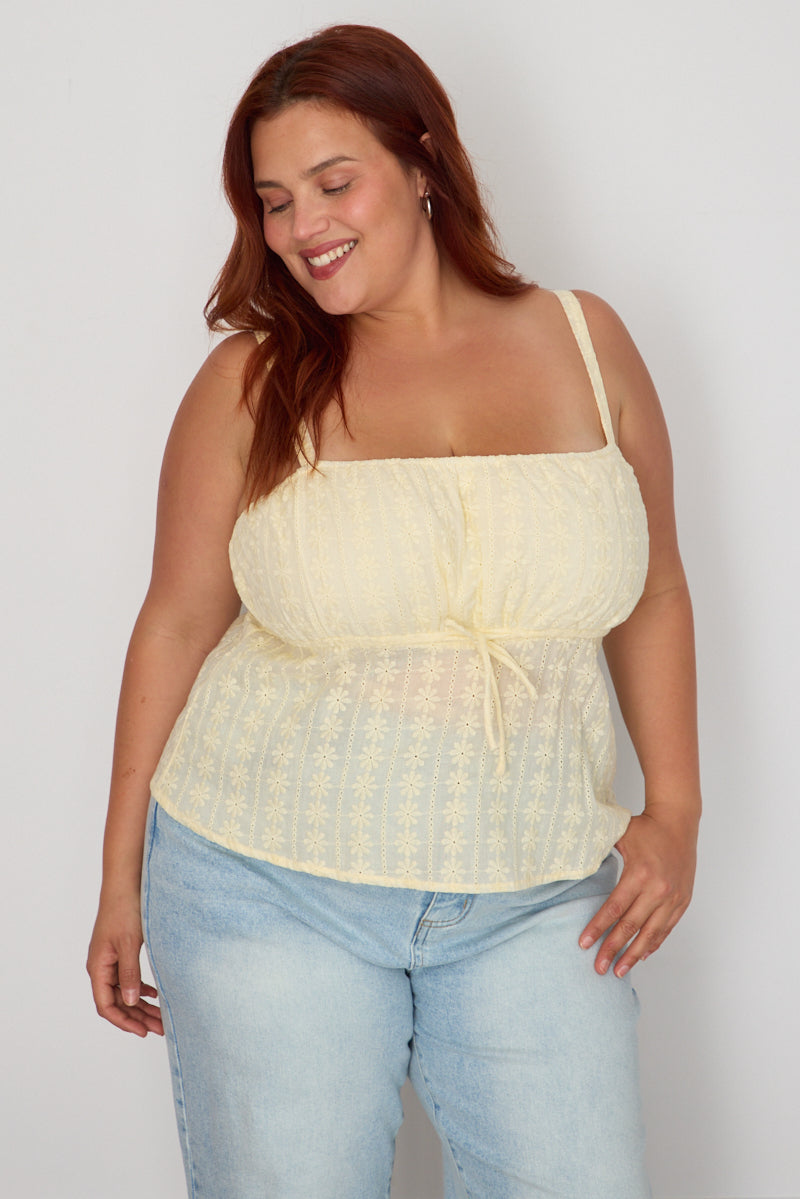 Yellow Cami Top Sleeveless Babydoll Broidery Eyelet for YouandAll Fashion
