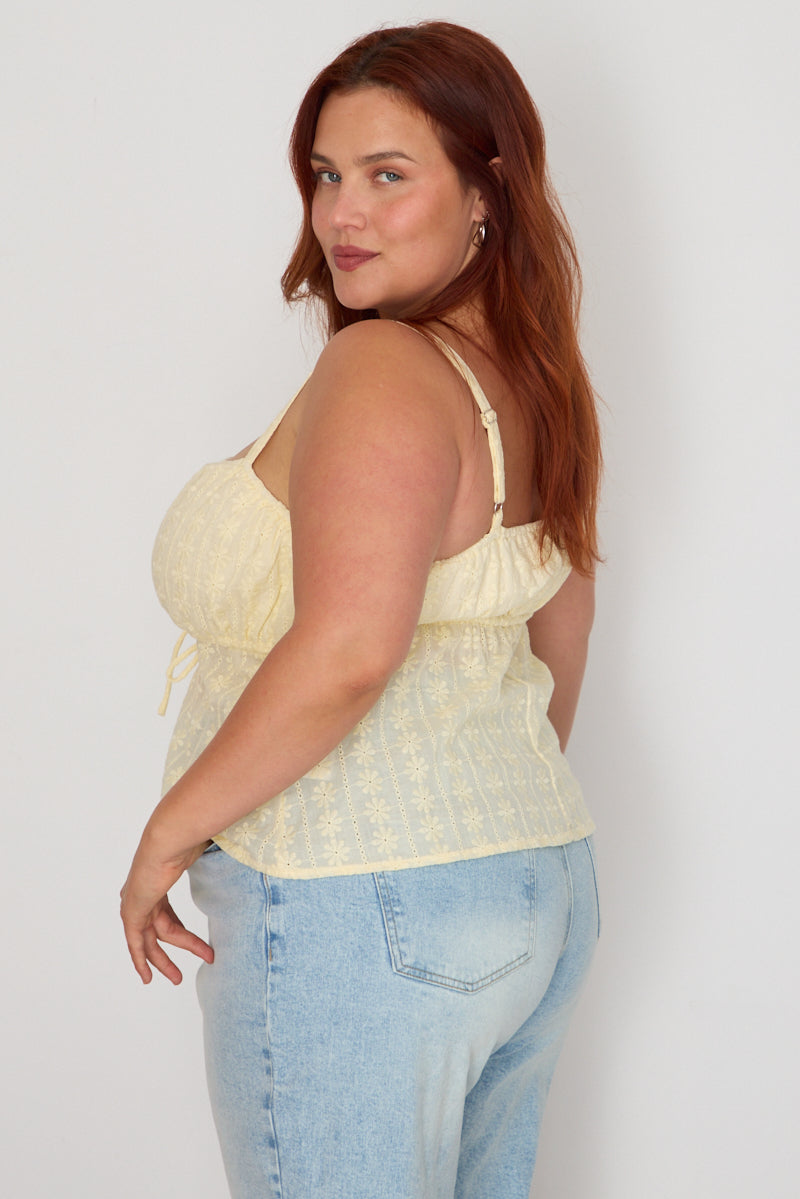 Yellow Cami Top Sleeveless Babydoll Broidery Eyelet for YouandAll Fashion