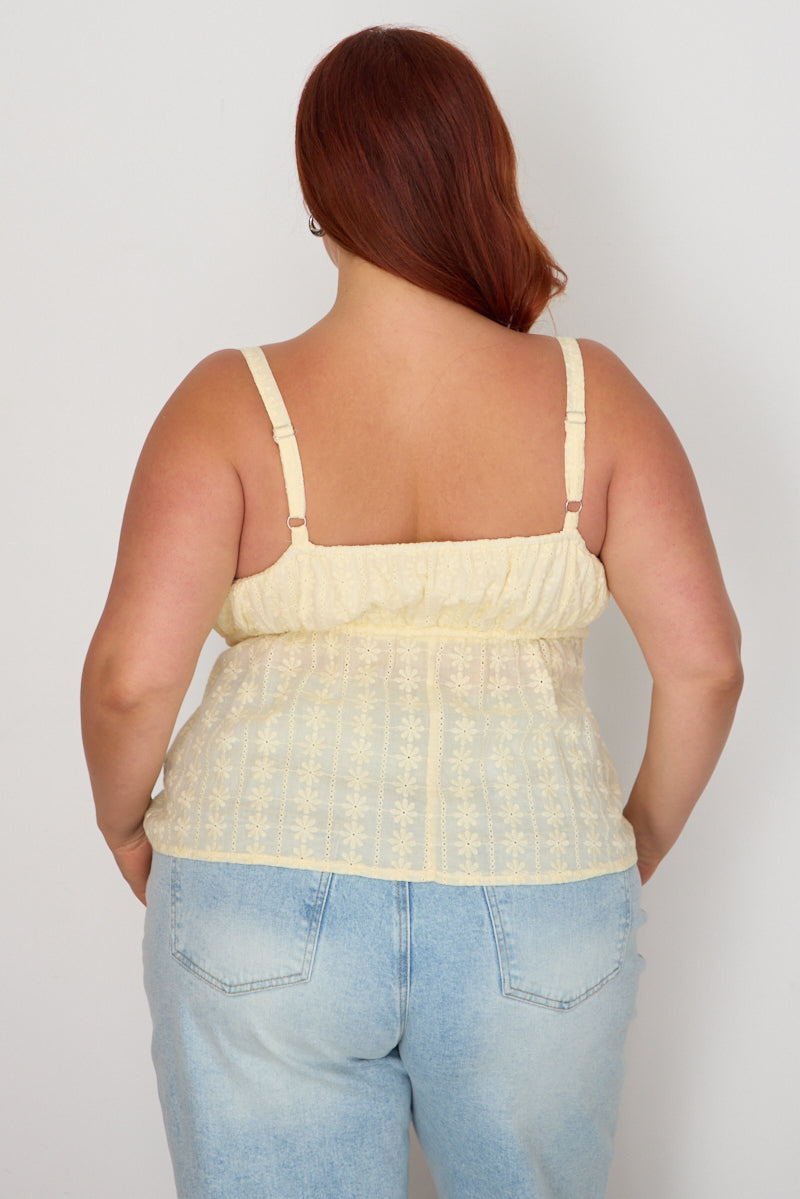 Yellow Cami Top Sleeveless Babydoll Broidery Eyelet for YouandAll Fashion