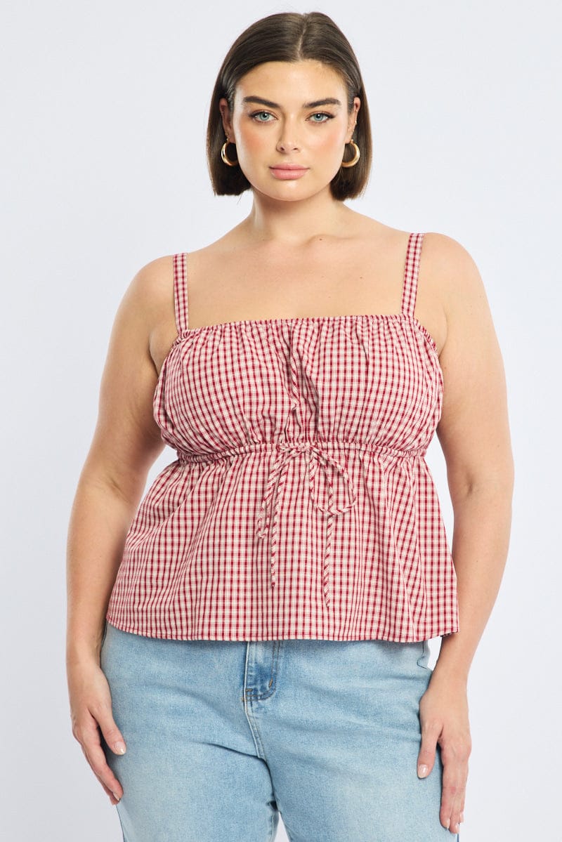 Red Check Cami Top Sleeveless Ruched Bust for YouandAll Fashion