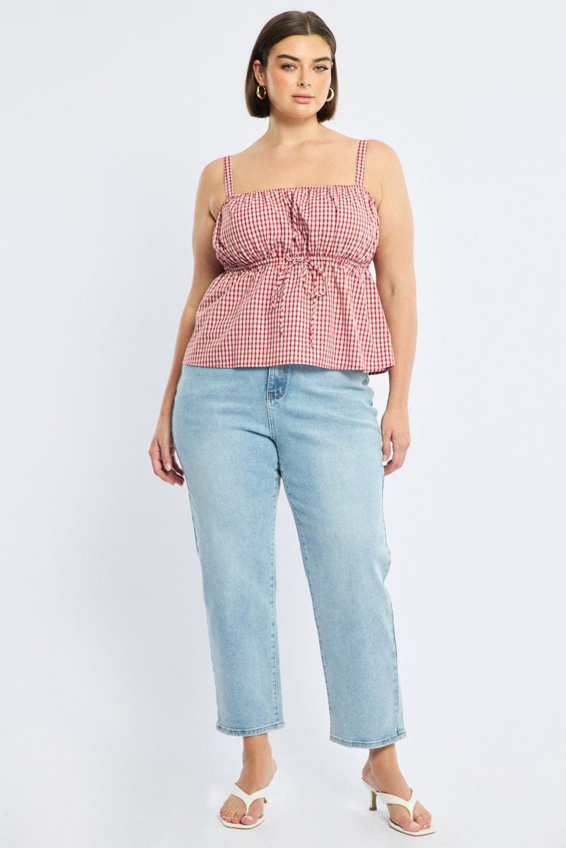 Red Check Cami Top Sleeveless Ruched Bust for YouandAll Fashion