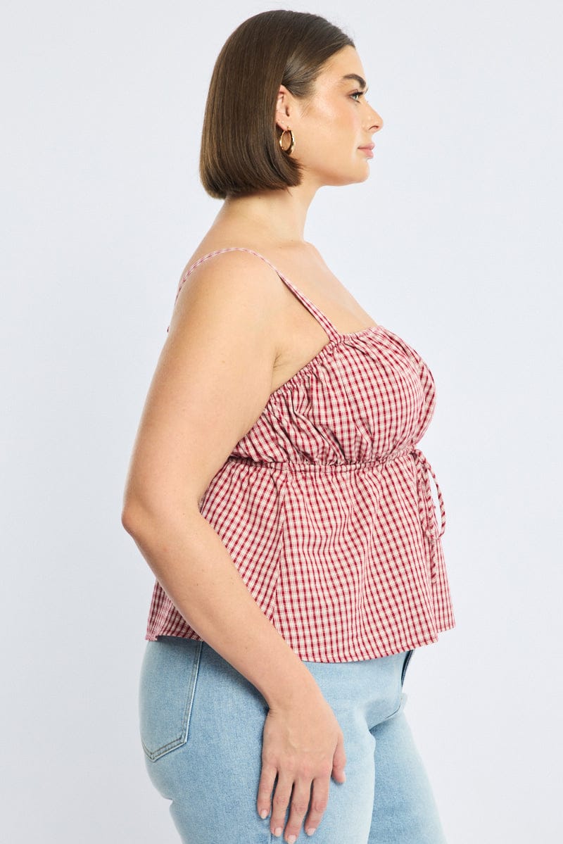 Red Check Cami Top Sleeveless Ruched Bust for YouandAll Fashion