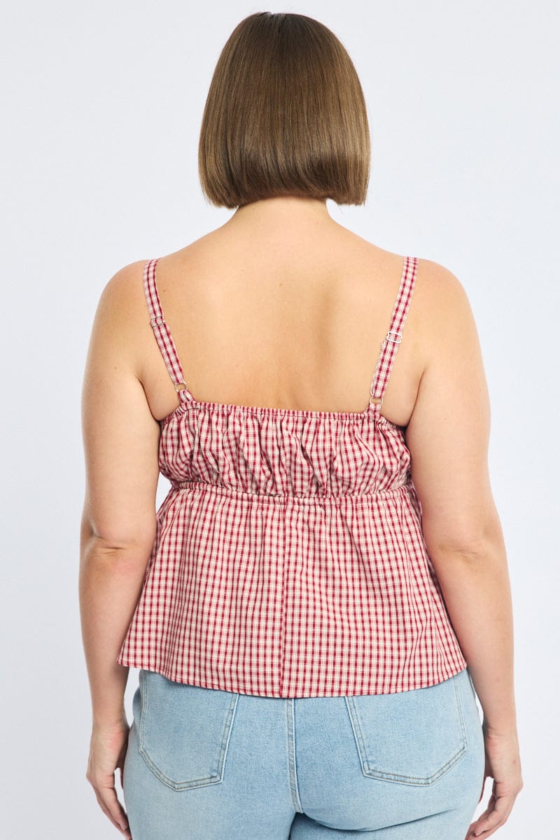 Red Check Cami Top Sleeveless Ruched Bust for YouandAll Fashion