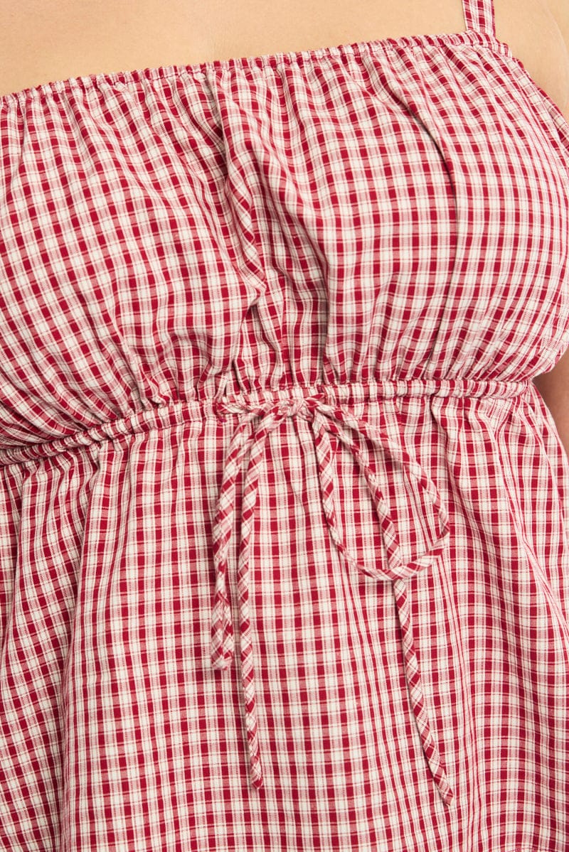 Red Check Cami Top Sleeveless Ruched Bust for YouandAll Fashion