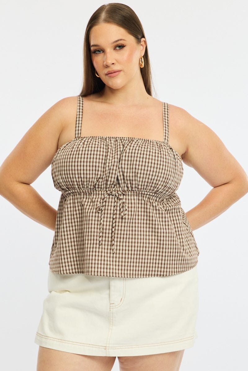 Brown Check Cami Top Sleeveless Ruched Bust for YouandAll Fashion