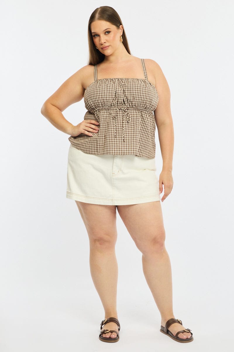 Brown Check Cami Top Sleeveless Ruched Bust for YouandAll Fashion