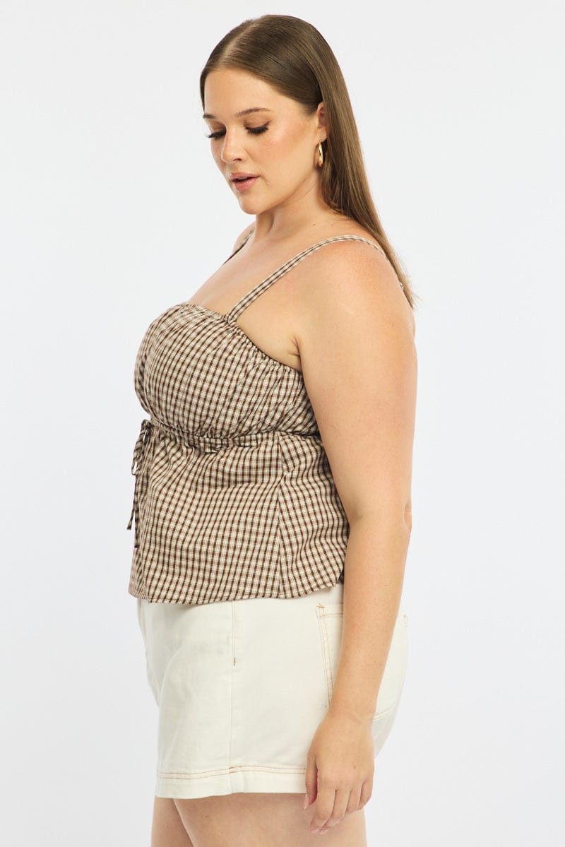 Brown Check Cami Top Sleeveless Ruched Bust for YouandAll Fashion