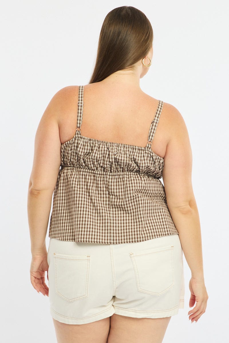 Brown Check Cami Top Sleeveless Ruched Bust for YouandAll Fashion