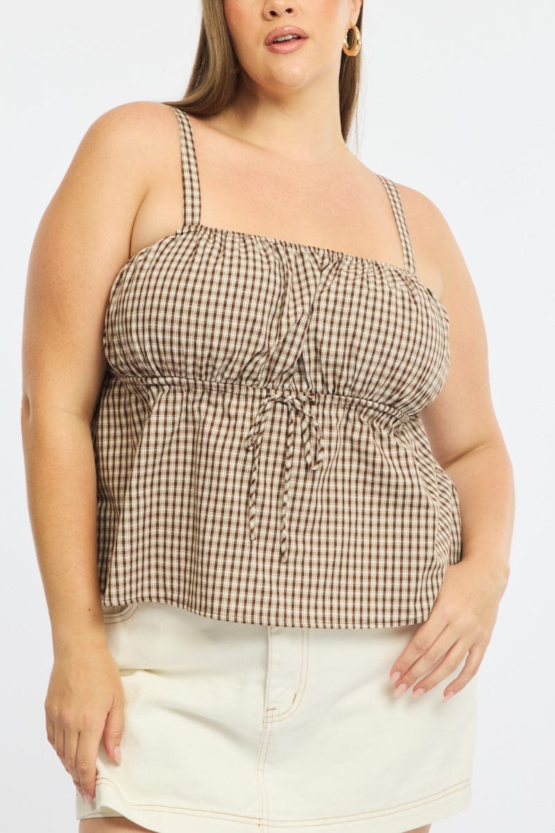 Brown Check Cami Top Sleeveless Ruched Bust for YouandAll Fashion