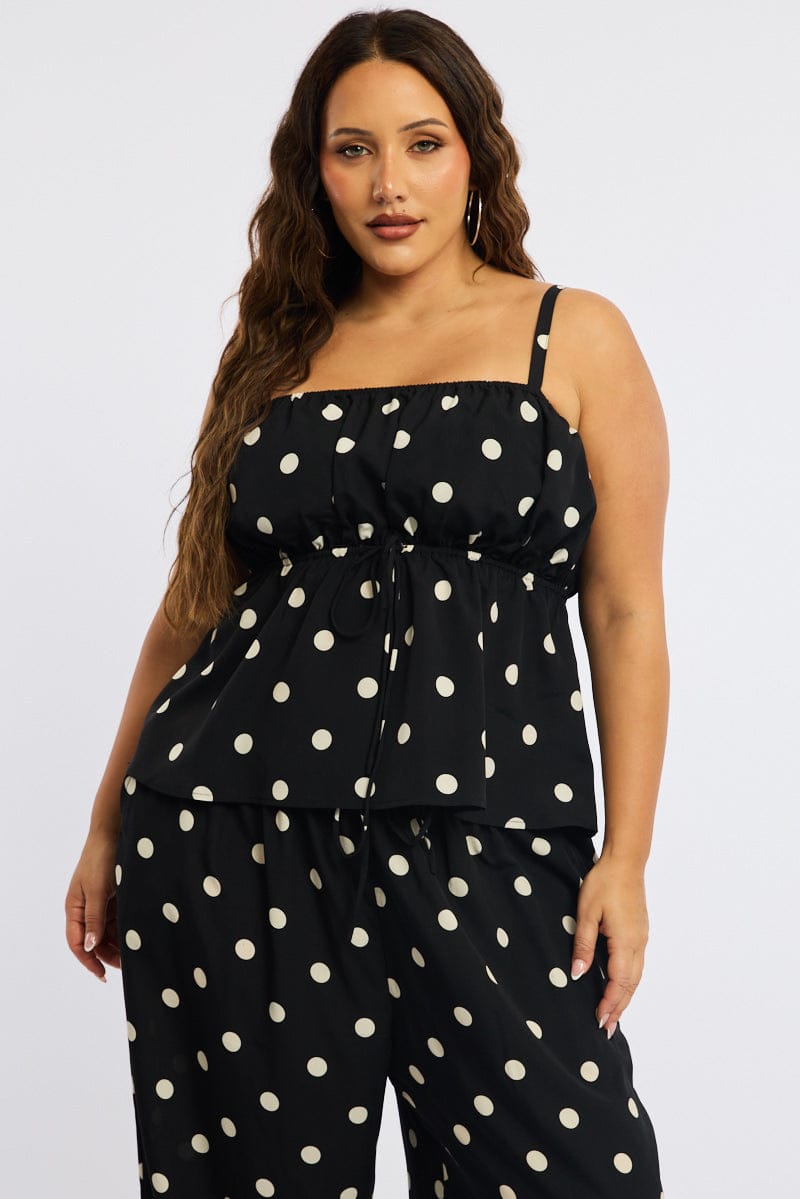 Black Polka Dot Cami Top Sleeveless Ruched Bust for YouandAll Fashion