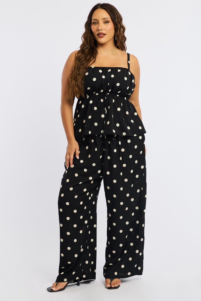 Black Polka Dot Cami Top Sleeveless Ruched Bust for YouandAll Fashion