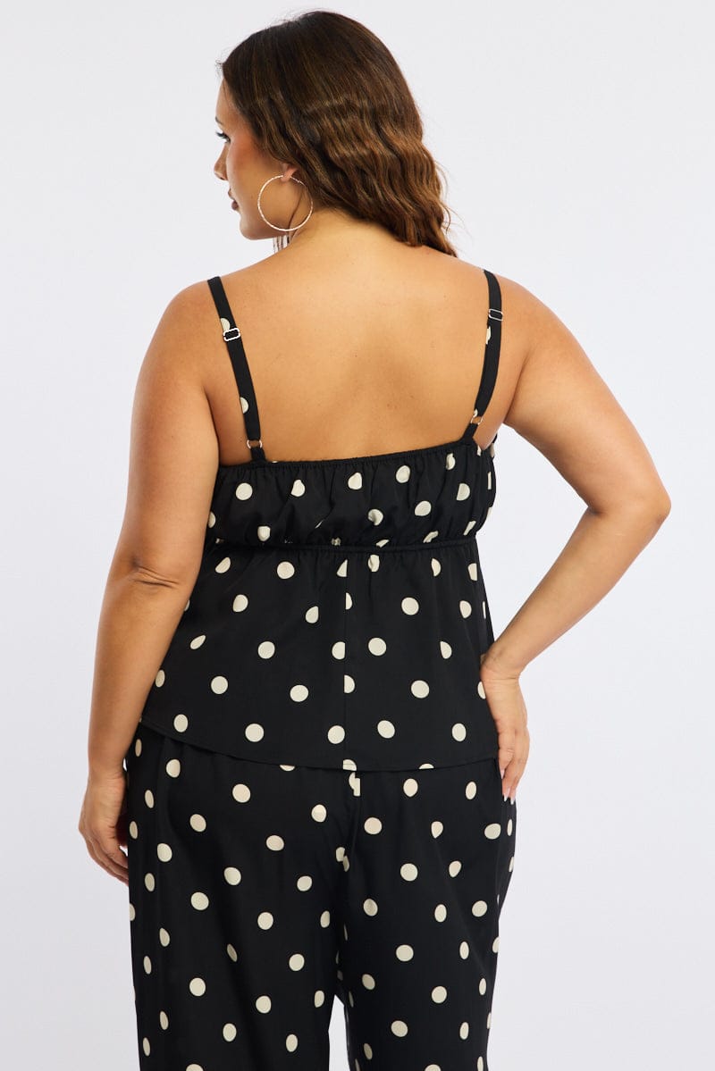 Black Polka Dot Cami Top Sleeveless Ruched Bust for YouandAll Fashion