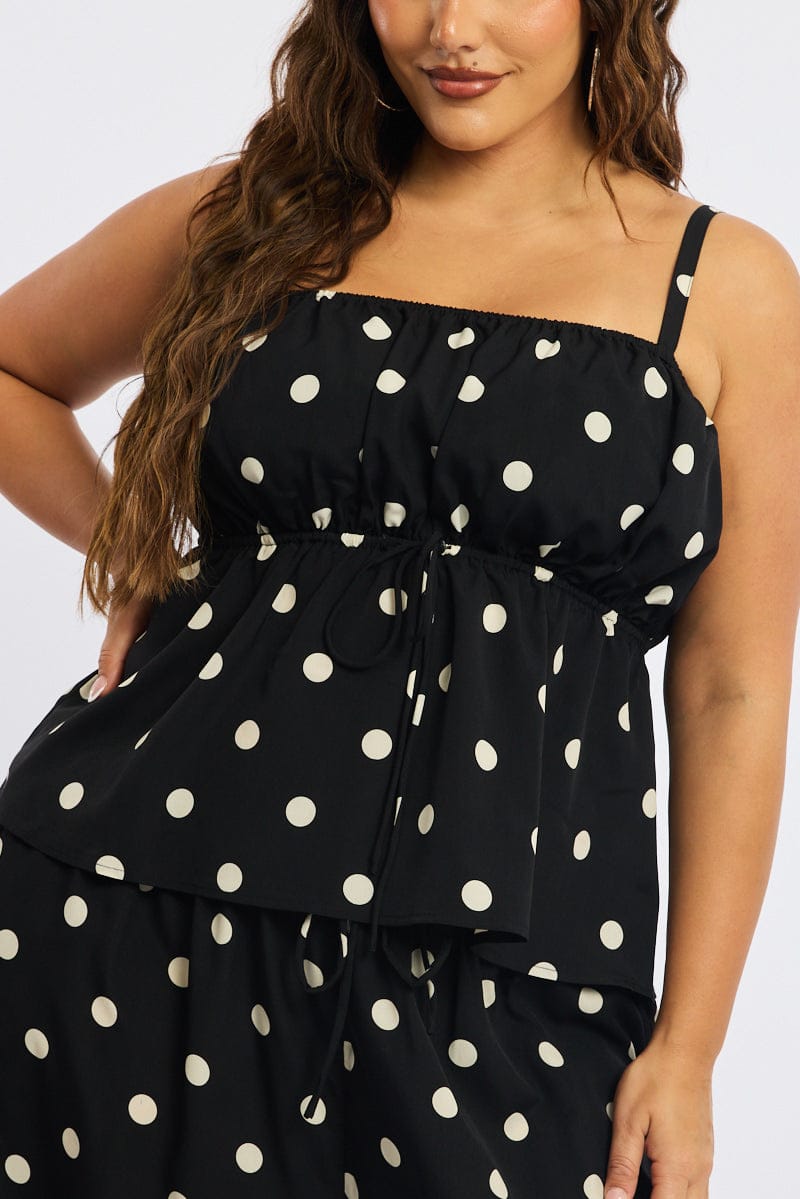 Black Polka Dot Cami Top Sleeveless Ruched Bust for YouandAll Fashion