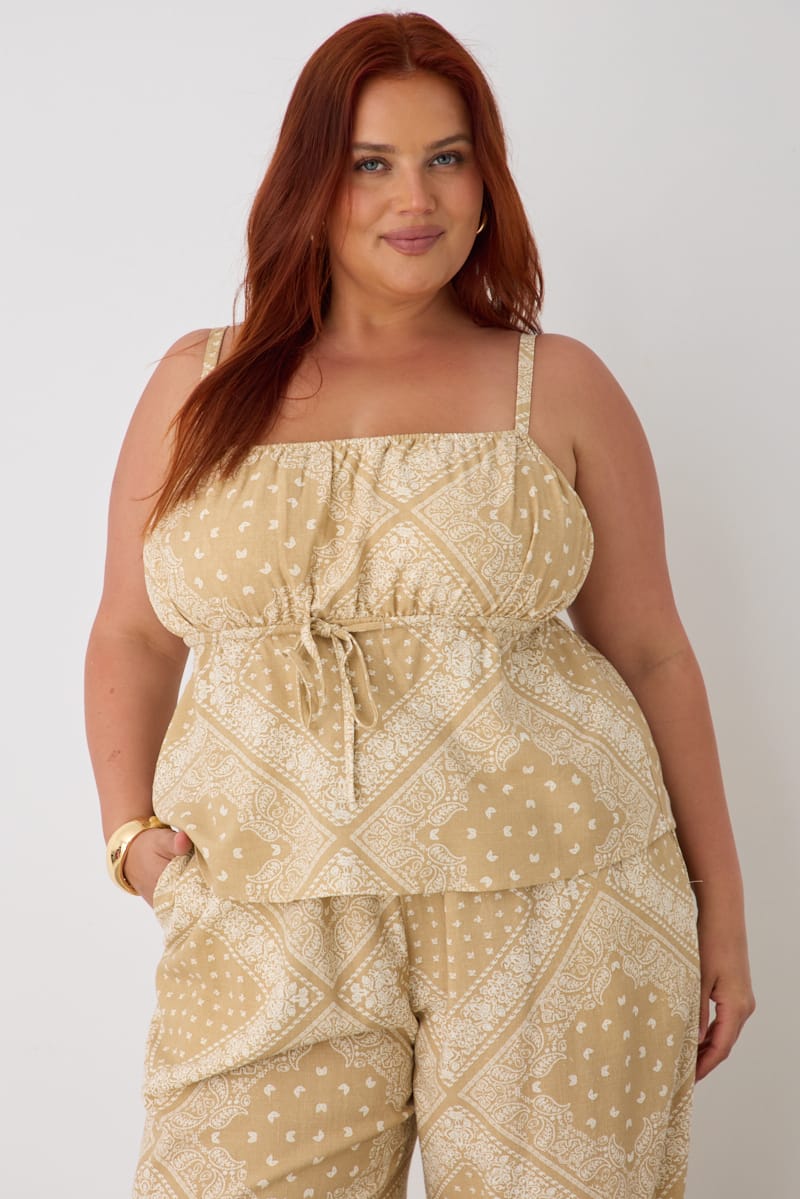 Beige Boho Linen Blend Square Neck Cami for YouandAll Fashion