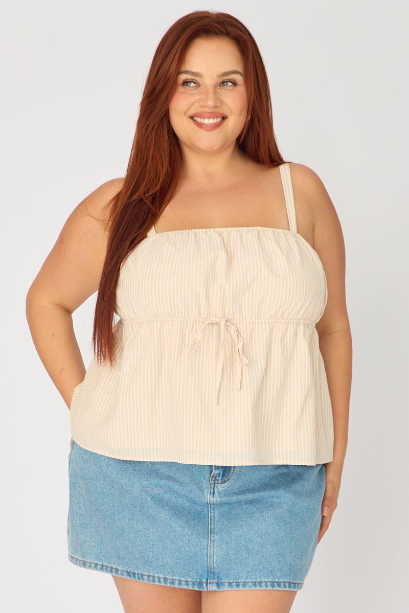Beige Stripe Babydoll Cami Top for YouandAll Fashion