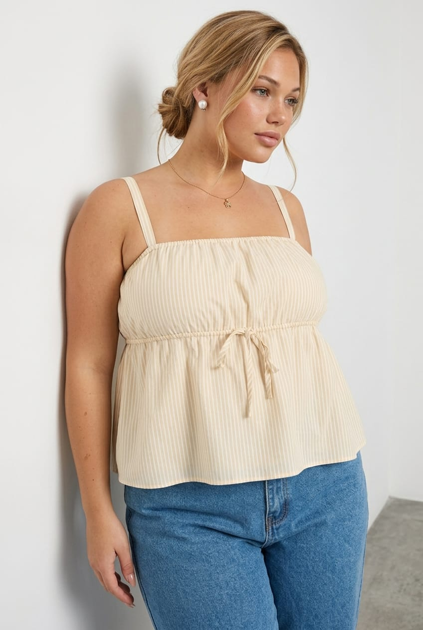 Beige Stripe Babydoll Cami Top for YouandAll Fashion