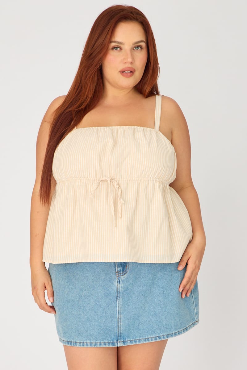Beige Stripe Babydoll Cami Top for YouandAll Fashion