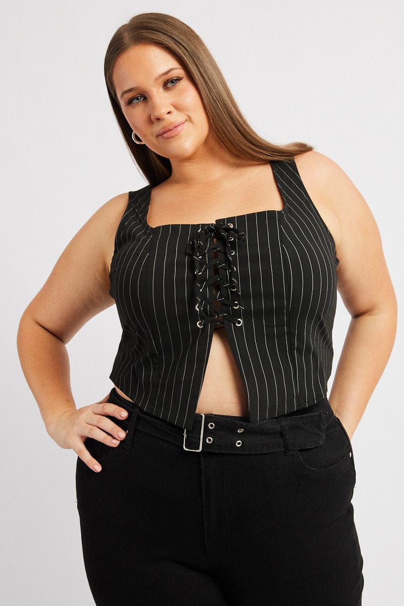 Black Stripe Crop Top Sleeveless Lace Up You All - Main Image