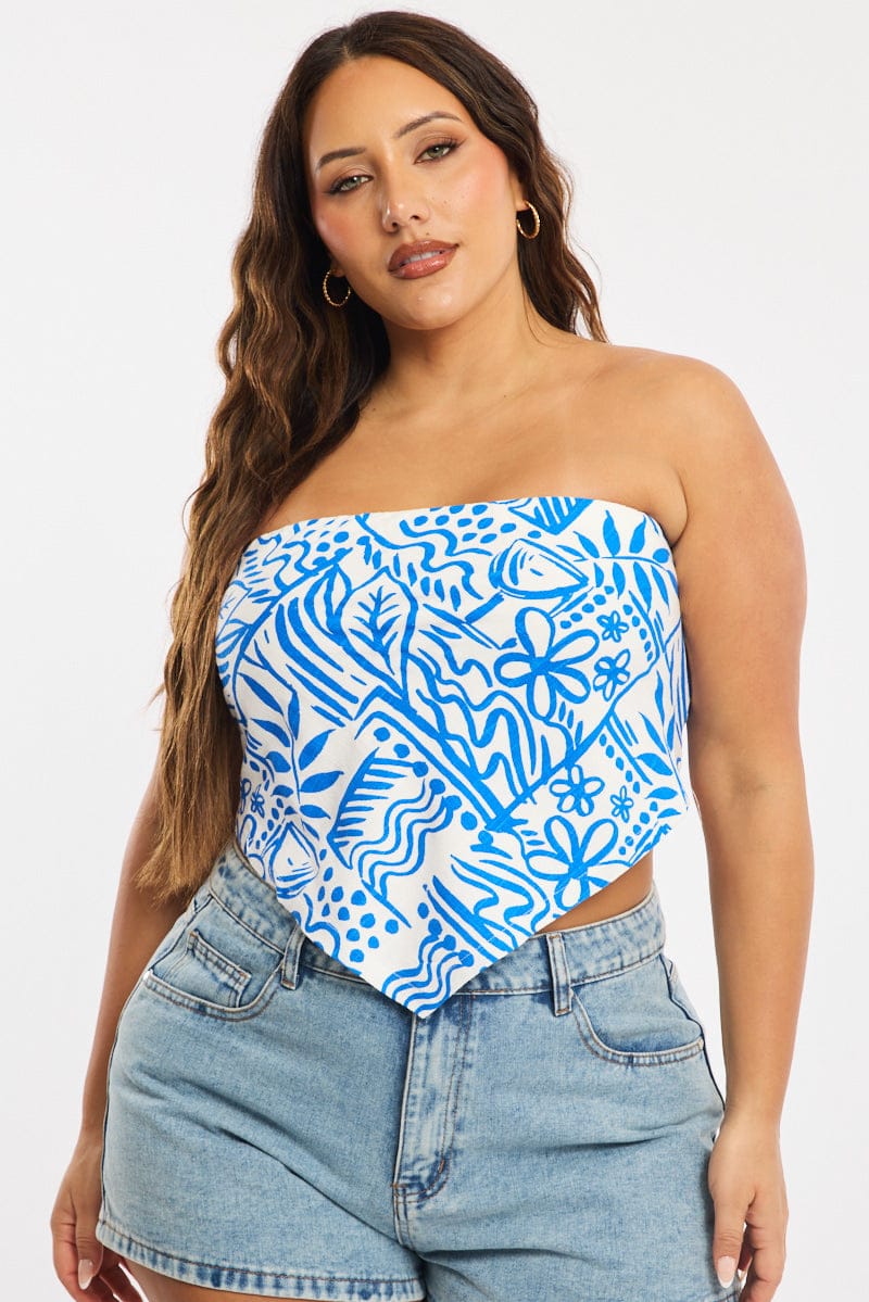 Blue Abstract Scarf Top Sleeveless Linen Blend for YouandAll Fashion