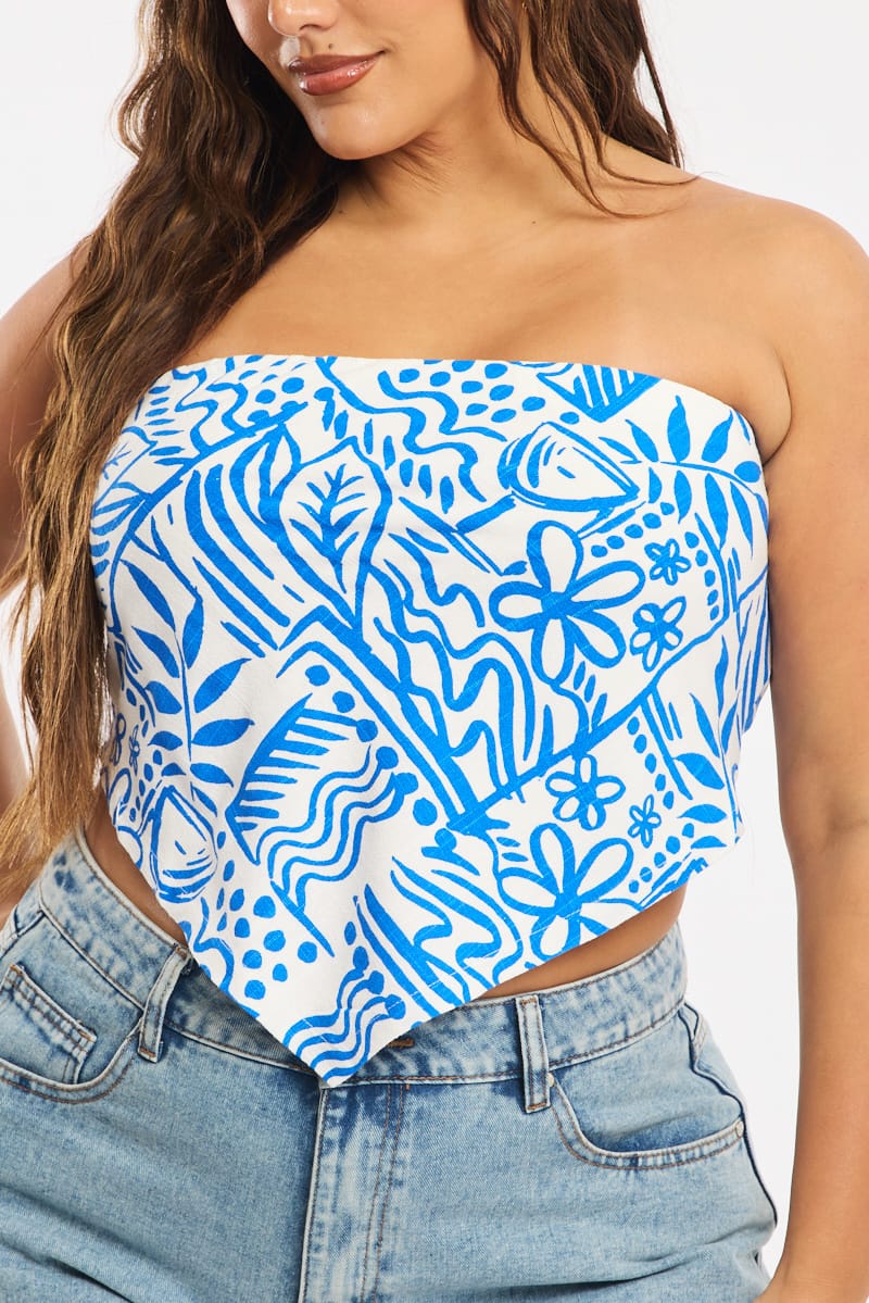 Blue Abstract Scarf Top Sleeveless Linen Blend for YouandAll Fashion