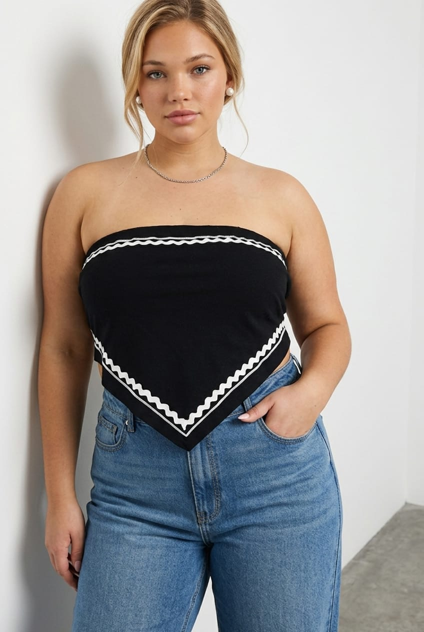 Black Scarf Top Strapless Linen Blend Ric Rac for YouandAll Fashion