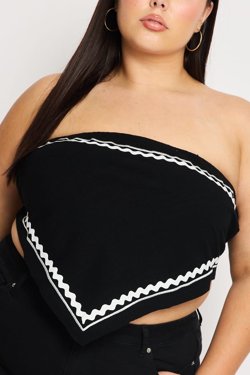 Black Scarf Top Strapless Linen Blend Ric Rac for YouandAll Fashion
