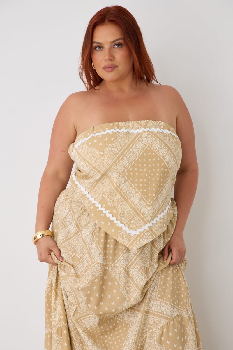 Beige Boho Linen Blend Bandeau Top for YouandAll Fashion