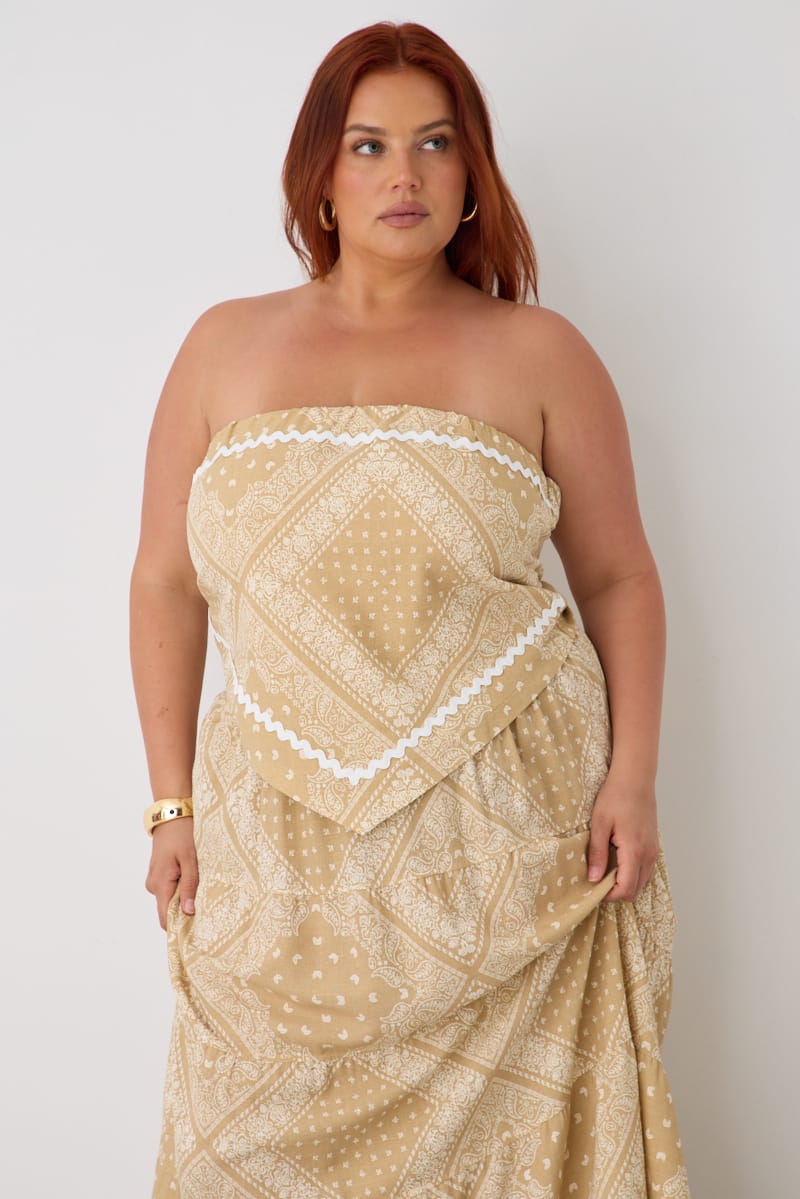 Beige Boho Linen Blend Bandeau Top for YouandAll Fashion