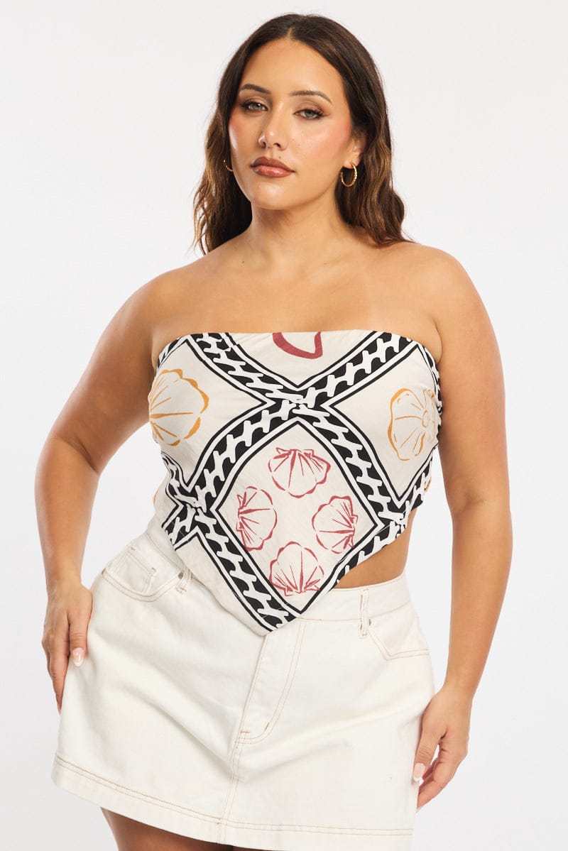 Beige Abstract Scarf Top Sleeveless Tie Back for YouandAll Fashion