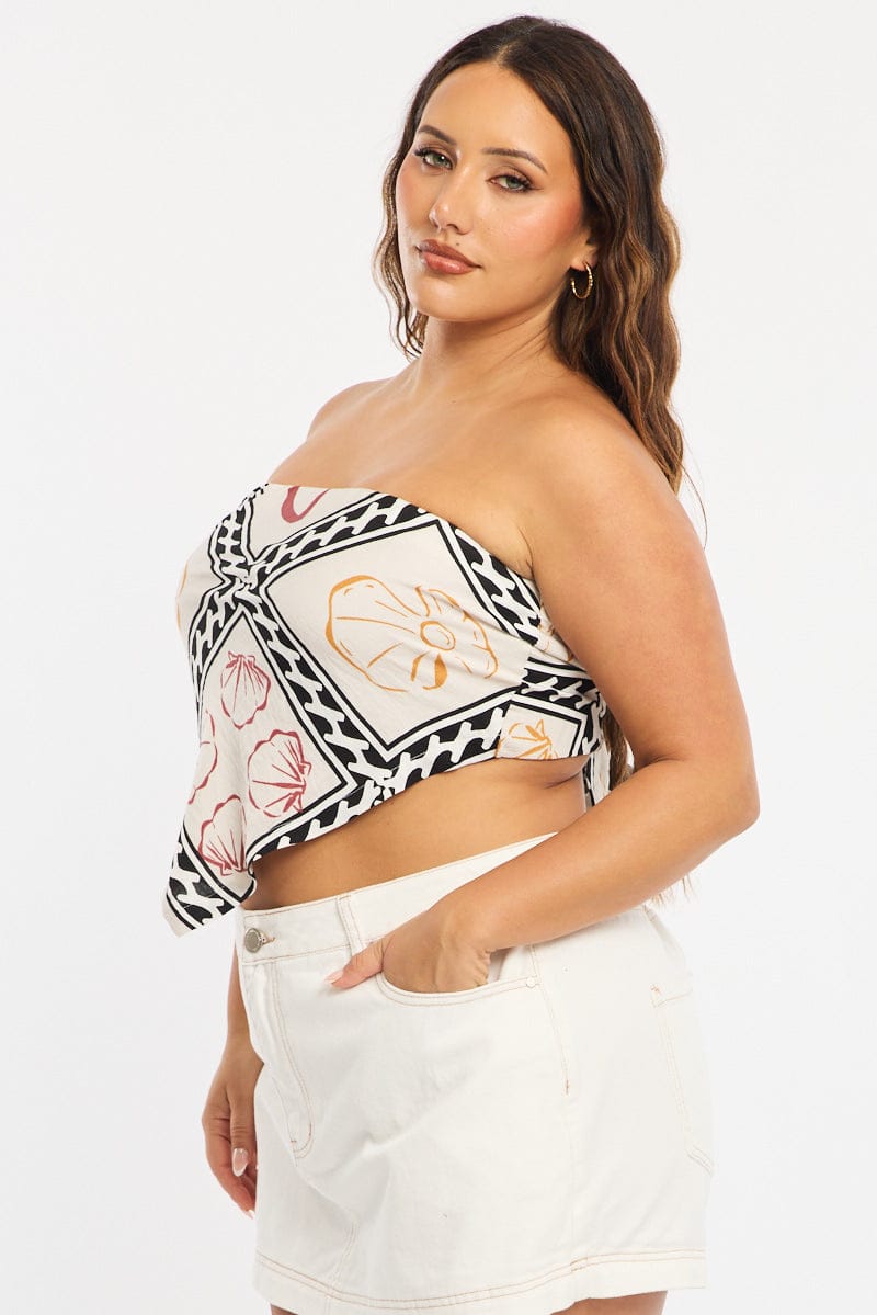 Beige Abstract Scarf Top Sleeveless Tie Back for YouandAll Fashion